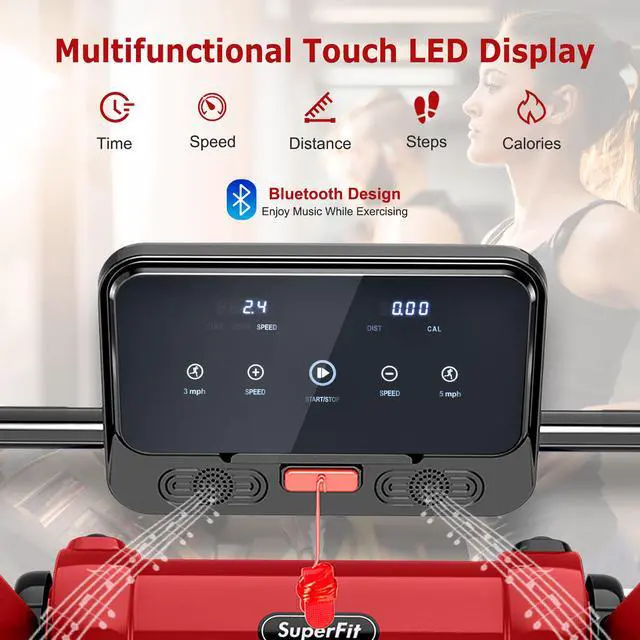 Alt view image 6 of 7 - Superfit Folding 2.25HP Electric Treadmill Running Machine APP Control Bluetooth Red