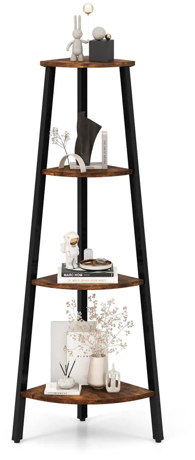 Main image of Costway 4-Tier Corner Shelf Metal Storage Rack Domestic Bookcase Display Stand WoodBlack