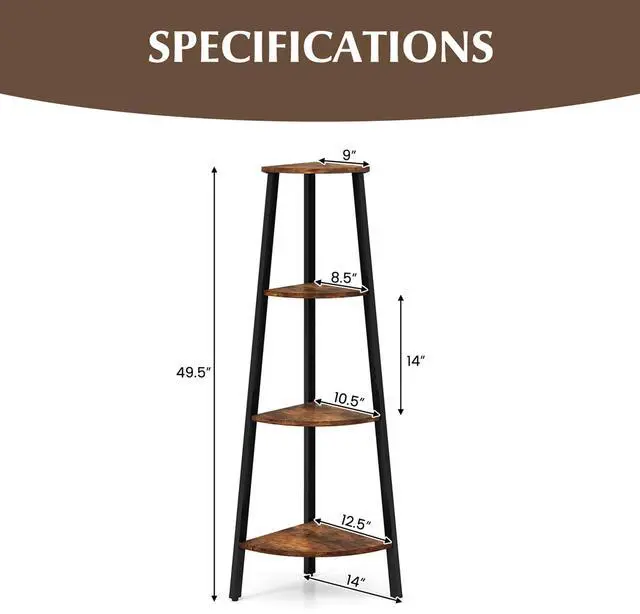 Alt view image 3 of 7 - Costway 4-Tier Corner Shelf Metal Storage Rack Domestic Bookcase Display Stand WoodBlack