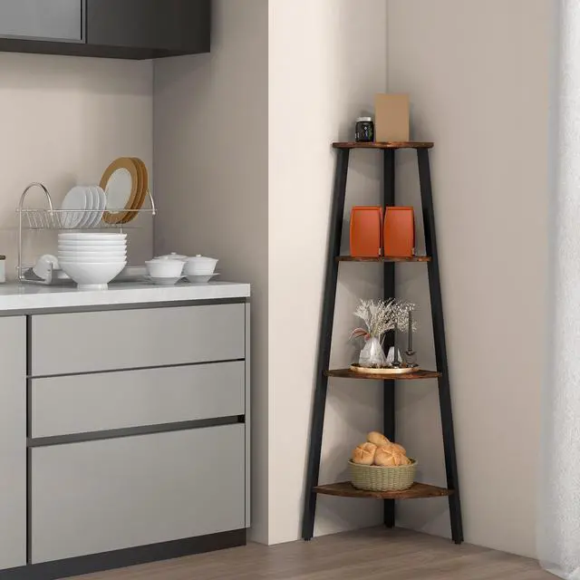 Alt view image 2 of 7 - Costway 4-Tier Corner Shelf Metal Storage Rack Domestic Bookcase Display Stand WoodBlack