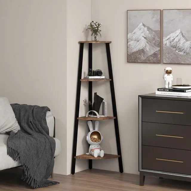 Alt view image 4 of 7 - Costway 4-Tier Corner Shelf Metal Storage Rack Domestic Bookcase Display Stand WoodBlack