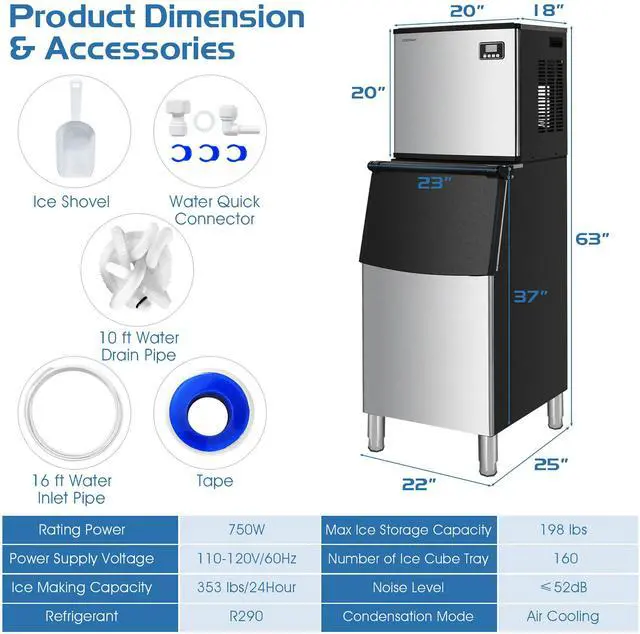 Alt view image 4 of 7 - Costway Split Commercial Ice Maker 353LBS/24H Ice Machine w/ 198 LBS Storage Bin