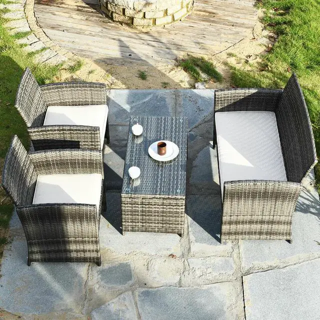 Alt view image 4 of 7 - Costway 4PCS Patio Rattan Furniture Set Conversation Glass Table Top Cushioned Sofa White