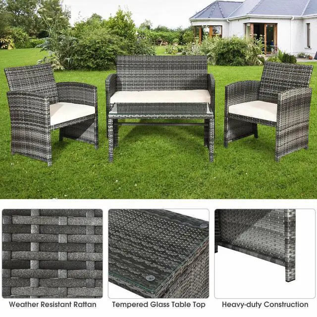 Alt view image 5 of 7 - Costway 4PCS Patio Rattan Furniture Set Conversation Glass Table Top Cushioned Sofa White
