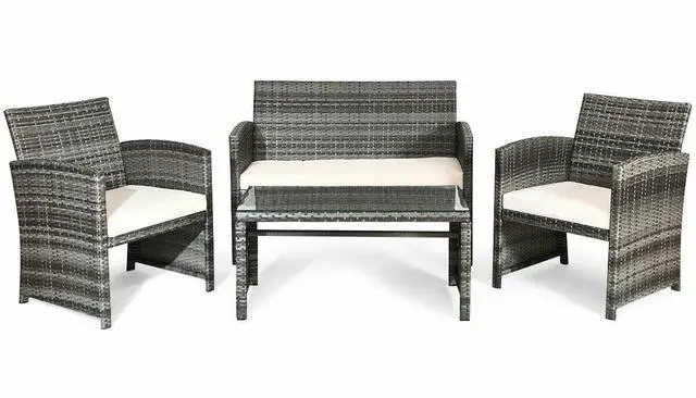 Alt view image 7 of 7 - Costway 4PCS Patio Rattan Furniture Set Conversation Glass Table Top Cushioned Sofa White