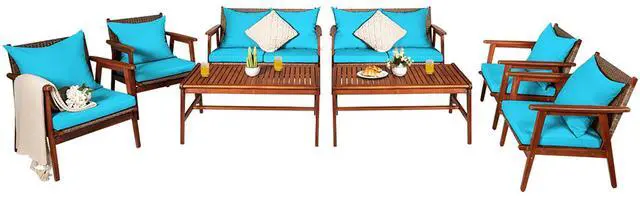 Alt view image 4 of 7 - Costway 8PCS Patio Rattan Furniture Set Acacia Wood Frame Cushioned Sofa Chair Turquoise