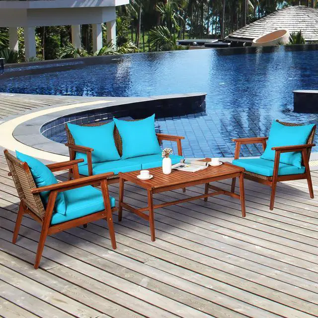 Alt view image 3 of 7 - Costway 8PCS Patio Rattan Furniture Set Acacia Wood Frame Cushioned Sofa Chair Turquoise