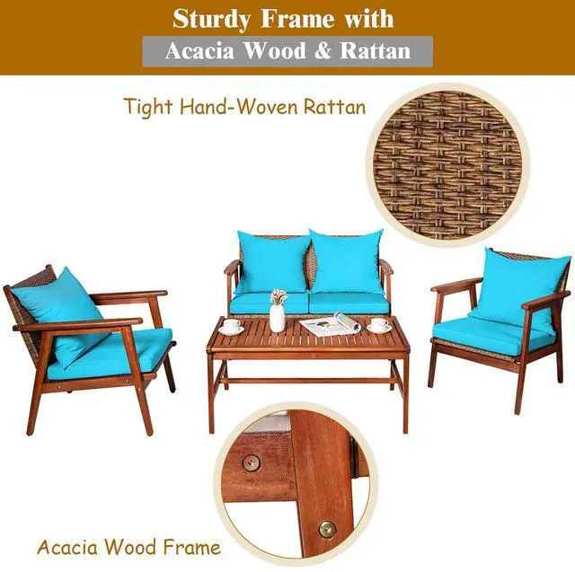 Alt view image 5 of 7 - Costway 8PCS Patio Rattan Furniture Set Acacia Wood Frame Cushioned Sofa Chair Turquoise