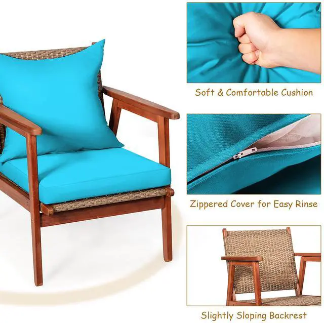 Alt view image 6 of 7 - Costway 8PCS Patio Rattan Furniture Set Acacia Wood Frame Cushioned Sofa Chair Turquoise