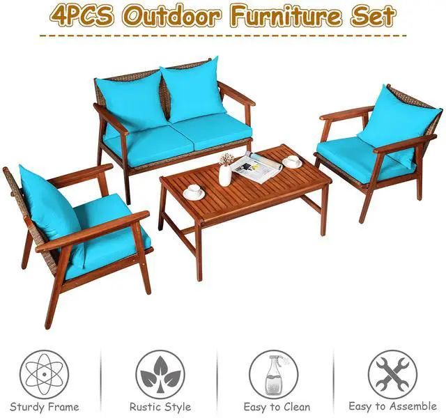 Alt view image 7 of 7 - Costway 8PCS Patio Rattan Furniture Set Acacia Wood Frame Cushioned Sofa Chair Turquoise