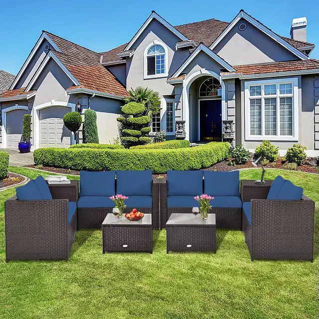 Main image of Costway 8PCS Outdoor Patio Rattan Furniture Set Cushioned Loveseat Storage Table Navy