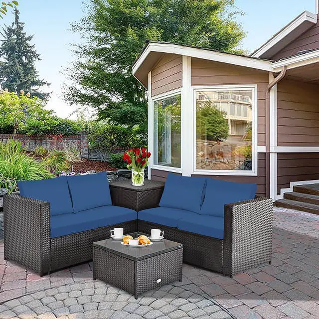 Alt view image 2 of 7 - Costway 8PCS Outdoor Patio Rattan Furniture Set Cushioned Loveseat Storage Table Navy
