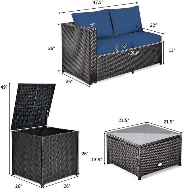 Alt view image 3 of 7 - Costway 8PCS Outdoor Patio Rattan Furniture Set Cushioned Loveseat Storage Table Navy