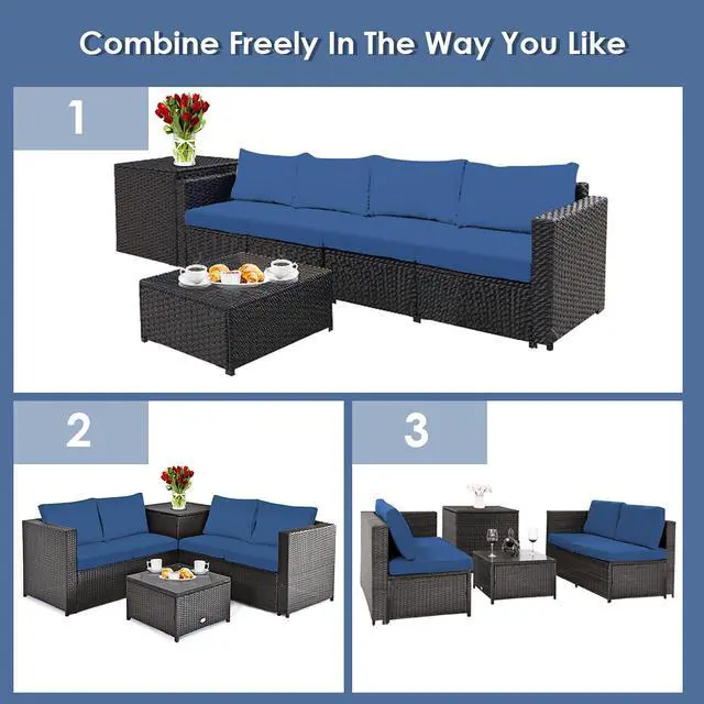 Alt view image 4 of 7 - Costway 8PCS Outdoor Patio Rattan Furniture Set Cushioned Loveseat Storage Table Navy