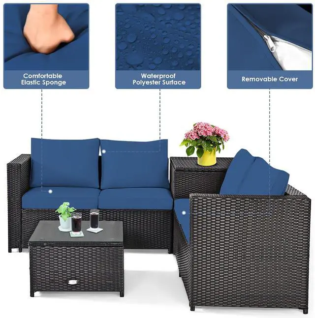 Alt view image 6 of 7 - Costway 8PCS Outdoor Patio Rattan Furniture Set Cushioned Loveseat Storage Table Navy