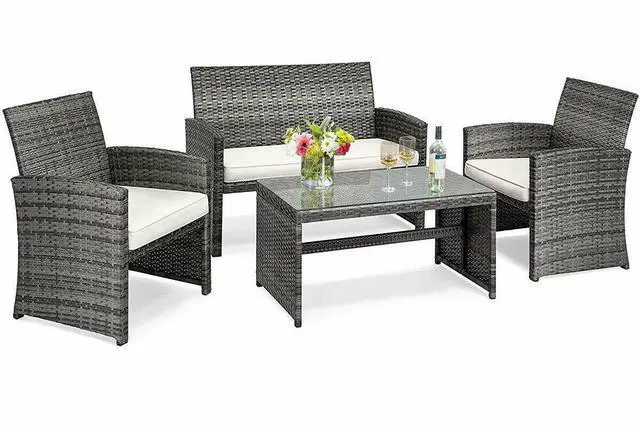 Alt view image 2 of 7 - Costway 4PCS Patio Rattan Furniture Set Conversation Glass Table Top Cushioned Sofa White
