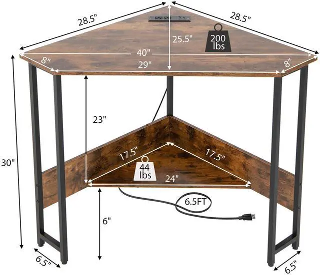 Alt view image 4 of 7 - Costway Triangle Computer Desk Corner Desk Home Office w/Power Outlets USB Ports Rustic