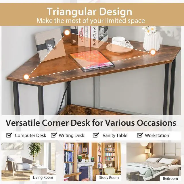 Alt view image 5 of 7 - Costway Triangle Computer Desk Corner Desk Home Office w/Power Outlets USB Ports Rustic