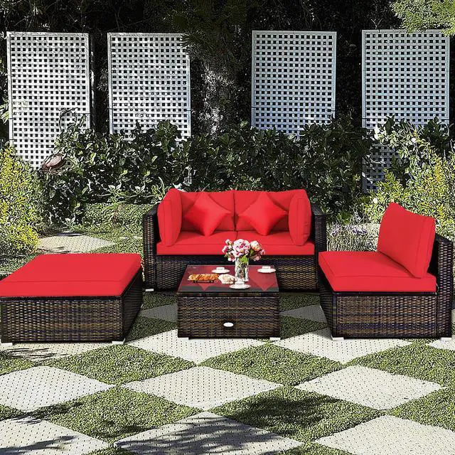 Main image of Costway 5PCS Outdoor Patio Furniture Set Sectional Conversation W/Red Cushions