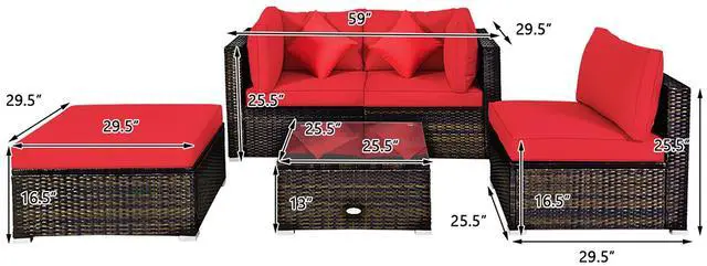 Alt view image 7 of 7 - Costway 5PCS Outdoor Patio Furniture Set Sectional Conversation W/Red Cushions