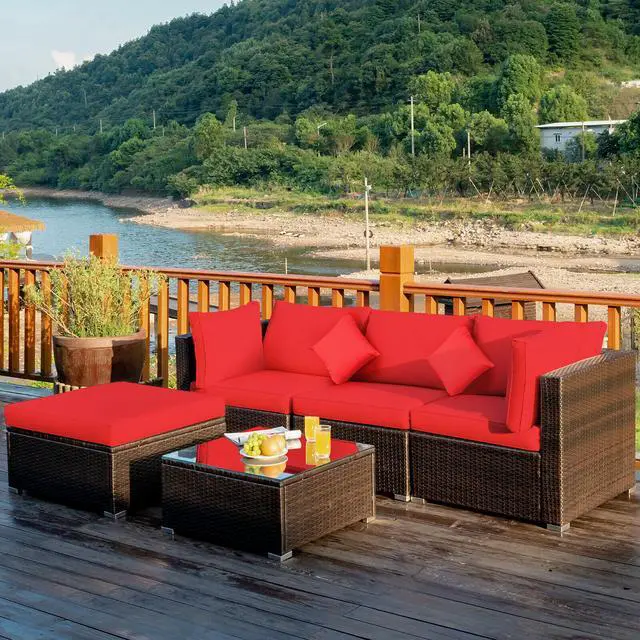 Alt view image 2 of 7 - Costway 5PCS Outdoor Patio Furniture Set Sectional Conversation W/Red Cushions