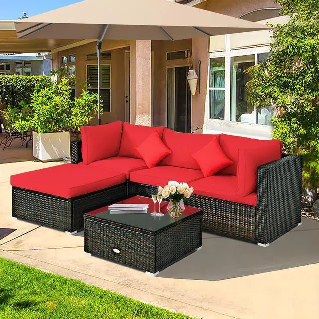 Alt view image 3 of 7 - Costway 5PCS Outdoor Patio Furniture Set Sectional Conversation W/Red Cushions