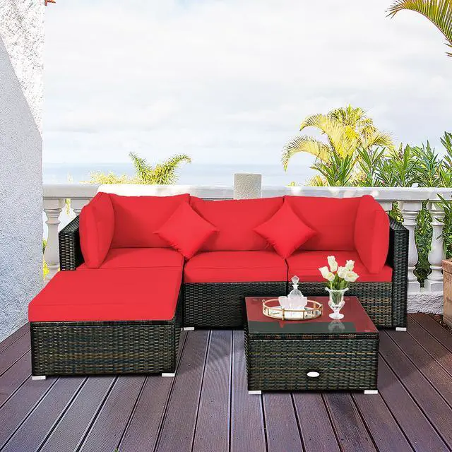 Alt view image 4 of 7 - Costway 5PCS Outdoor Patio Furniture Set Sectional Conversation W/Red Cushions