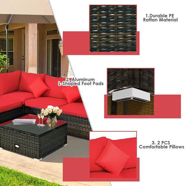 Alt view image 6 of 7 - Costway 5PCS Outdoor Patio Furniture Set Sectional Conversation W/Red Cushions
