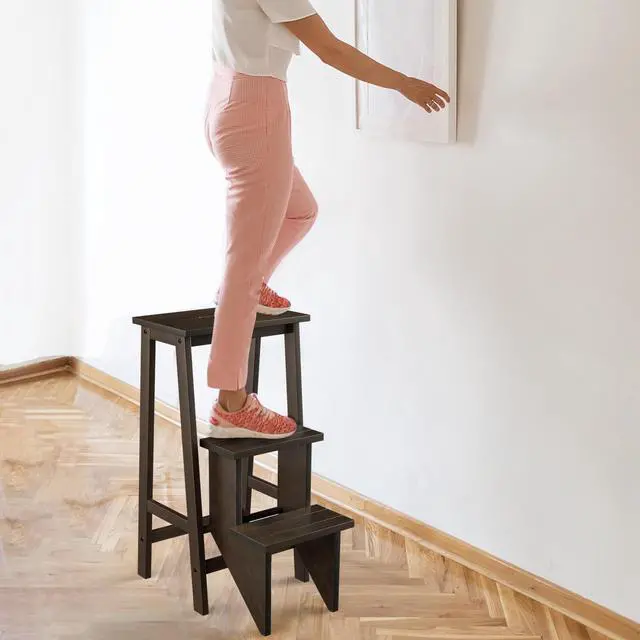 Alt view image 2 of 7 - Costway 3 Tier Folding Step Stool 3-in-1 Rubber Wood Ladder Storage Shelf Brown