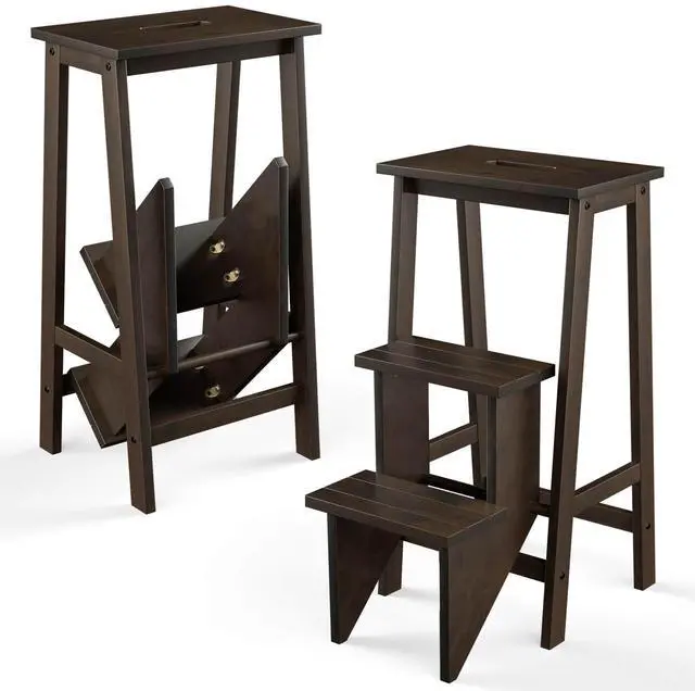 Main image of Costway 3 Tier Folding Step Stool 3-in-1 Rubber Wood Ladder Storage Shelf Brown