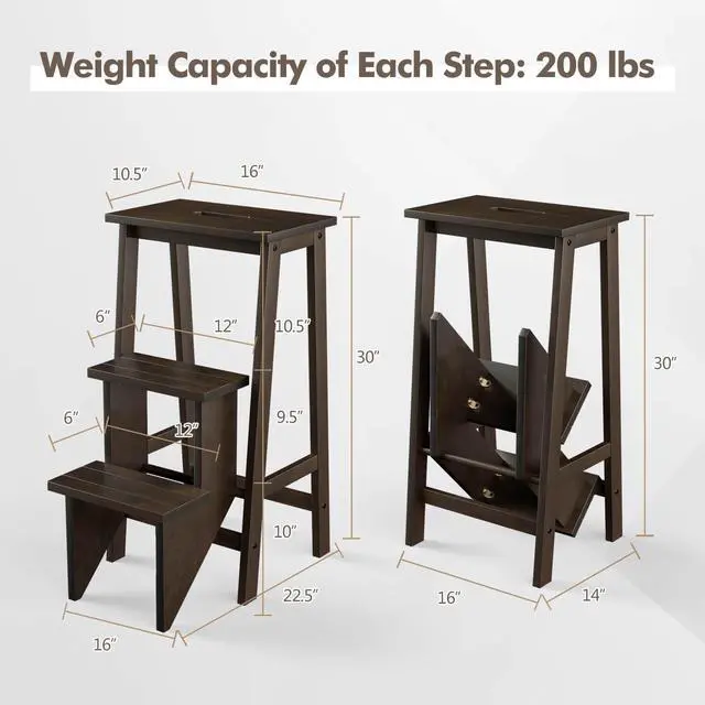 Alt view image 3 of 7 - Costway 3 Tier Folding Step Stool 3-in-1 Rubber Wood Ladder Storage Shelf Brown