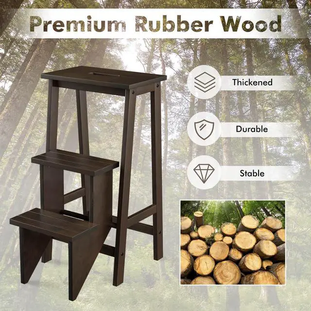 Alt view image 7 of 7 - Costway 3 Tier Folding Step Stool 3-in-1 Rubber Wood Ladder Storage Shelf Brown