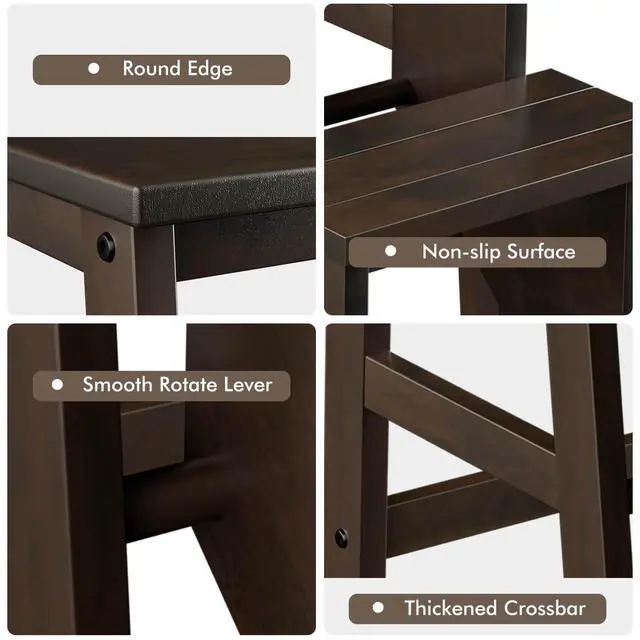 Alt view image 5 of 7 - Costway 3 Tier Folding Step Stool 3-in-1 Rubber Wood Ladder Storage Shelf Brown