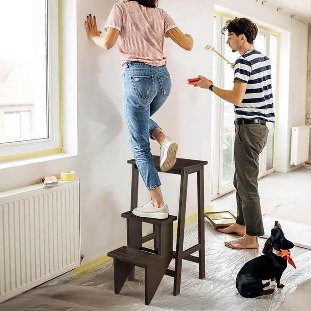 Alt view image 4 of 7 - Costway 3 Tier Folding Step Stool 3-in-1 Rubber Wood Ladder Storage Shelf Brown