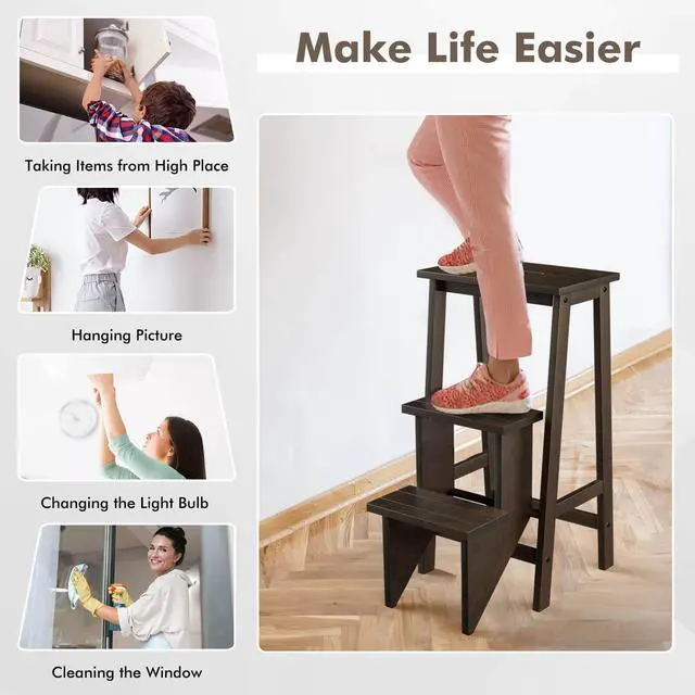 Alt view image 6 of 7 - Costway 3 Tier Folding Step Stool 3-in-1 Rubber Wood Ladder Storage Shelf Brown