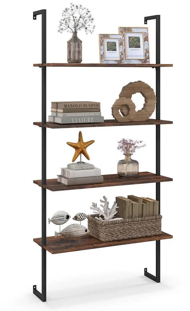 Main image of Costway 4-Tier Ladder Shelf Bookshelf Industrial Wall Shelf w/Metal Frame Rustic Brown
