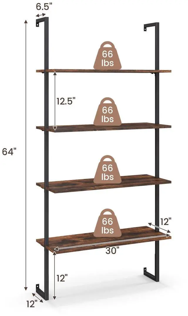 Alt view image 3 of 7 - Costway 4-Tier Ladder Shelf Bookshelf Industrial Wall Shelf w/Metal Frame Rustic Brown