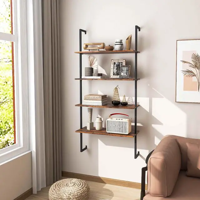 Alt view image 4 of 7 - Costway 4-Tier Ladder Shelf Bookshelf Industrial Wall Shelf w/Metal Frame Rustic Brown