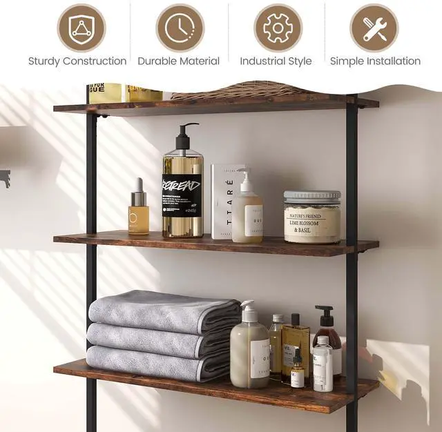 Alt view image 6 of 7 - Costway 4-Tier Ladder Shelf Bookshelf Industrial Wall Shelf w/Metal Frame Rustic Brown