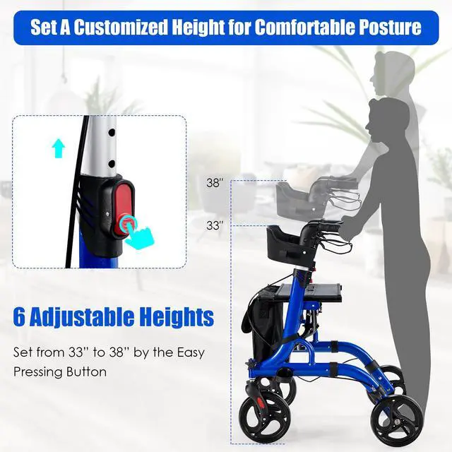 Alt view image 5 of 7 - Costway Rollator Walker w/ Seat, Folding Aluminum Rolling Walker w/ 8-inch Wheels, Blue