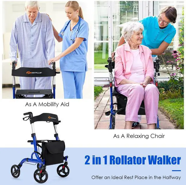 Alt view image 4 of 7 - Costway Rollator Walker w/ Seat, Folding Aluminum Rolling Walker w/ 8-inch Wheels, Blue
