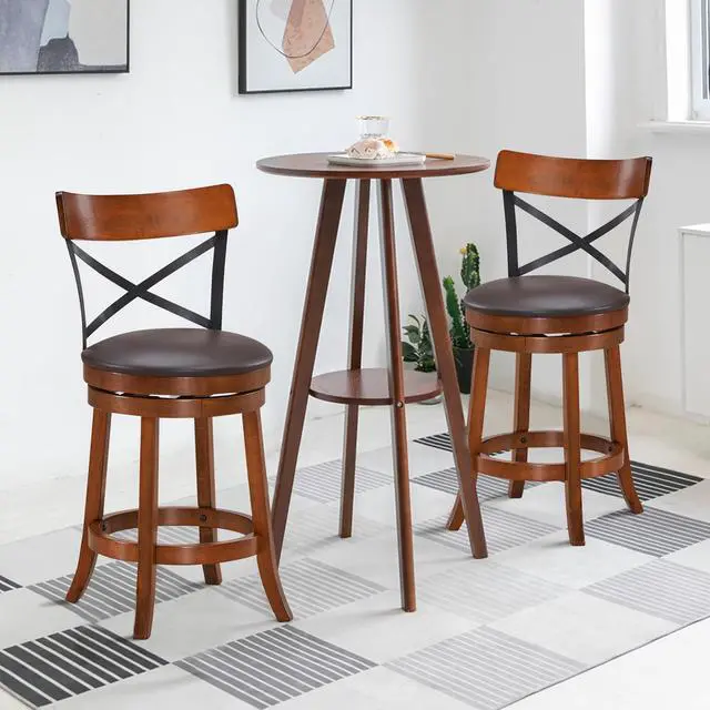 Alt view image 2 of 7 - Costway Set of 2 Bar Stools Swivel 25'' Dining Bar Chairs with Rubber Wood Legs