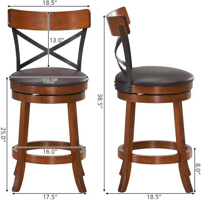 Alt view image 4 of 7 - Costway Set of 2 Bar Stools Swivel 25'' Dining Bar Chairs with Rubber Wood Legs