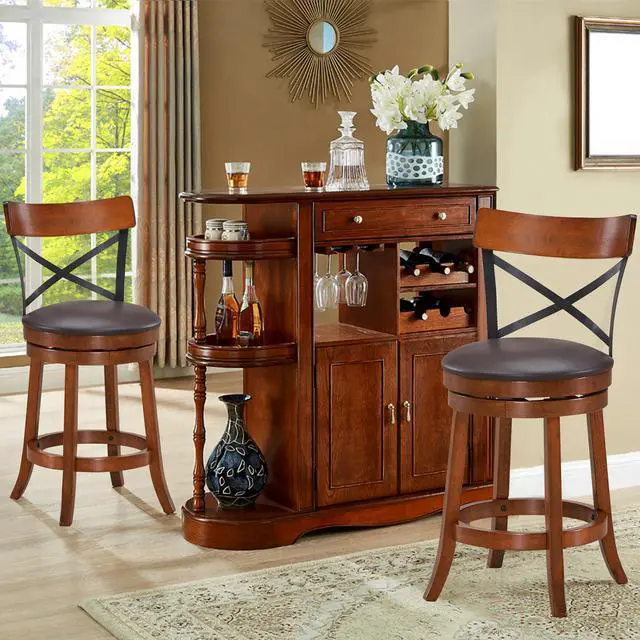 Alt view image 3 of 7 - Costway Set of 2 Bar Stools Swivel 25'' Dining Bar Chairs with Rubber Wood Legs