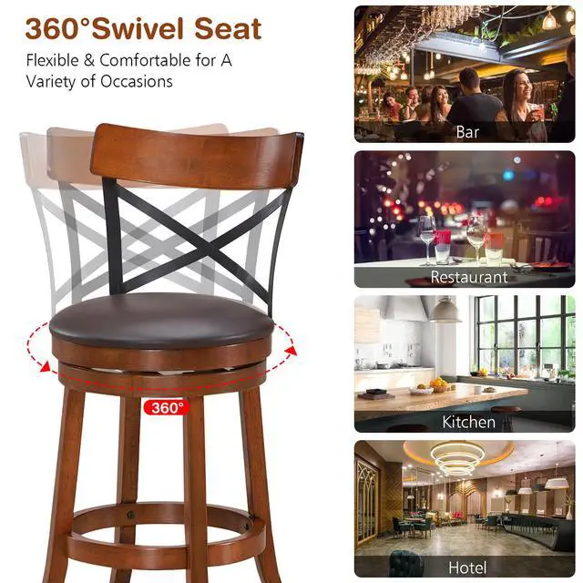 Alt view image 5 of 7 - Costway Set of 2 Bar Stools Swivel 25'' Dining Bar Chairs with Rubber Wood Legs