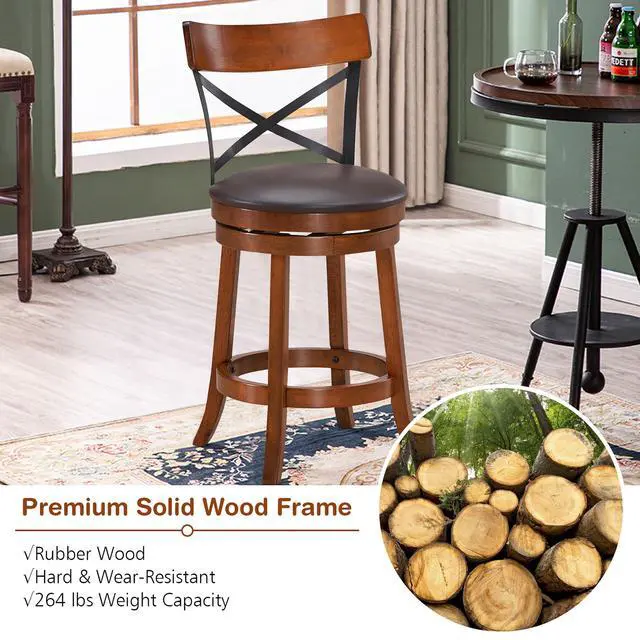 Alt view image 7 of 7 - Costway Set of 2 Bar Stools Swivel 25'' Dining Bar Chairs with Rubber Wood Legs