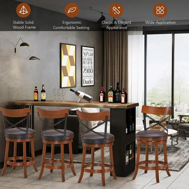 Alt view image 6 of 7 - Costway Set of 2 Bar Stools Swivel 25'' Dining Bar Chairs with Rubber Wood Legs