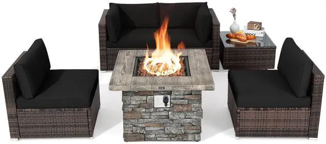 Alt view image 2 of 7 - Costway 6 PCS Patio Wicker Furniture Set 34.5'' Fire Pit Table W/Cover Black