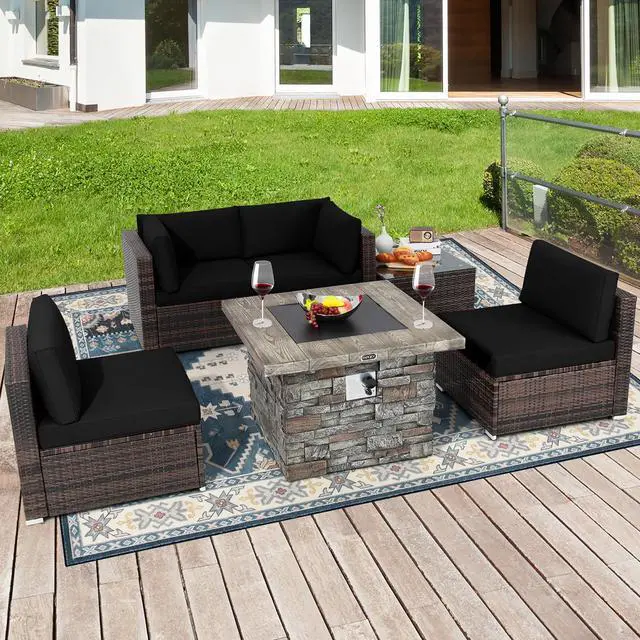 Main image of Costway 6 PCS Patio Wicker Furniture Set 34.5'' Fire Pit Table W/Cover Black