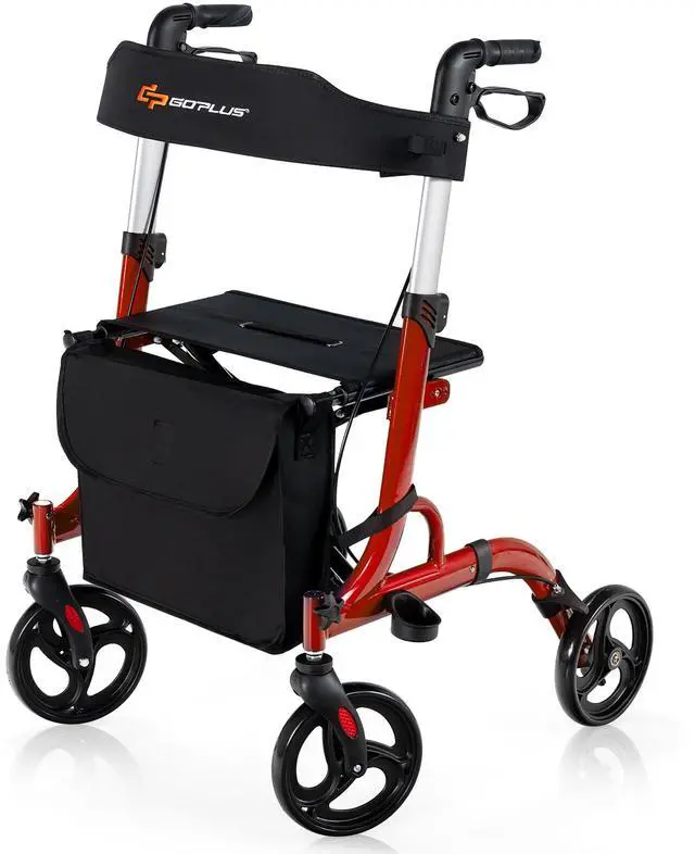 Main image of Costway Rollator Walker w/ Seat, Folding Aluminum Rolling Walker w/ 8-inch Wheels, Red